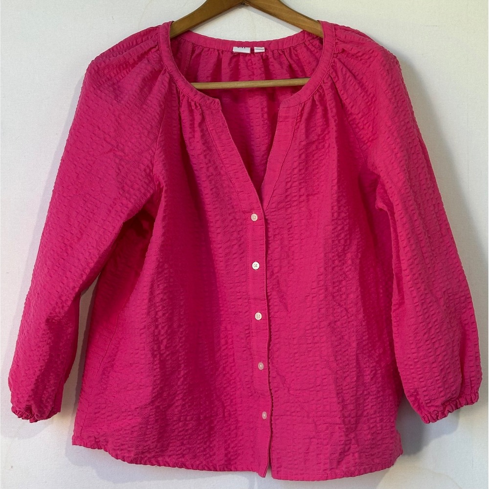 GAP Seersucker Button Down Blouse Top Womens M Pink Happy Fun